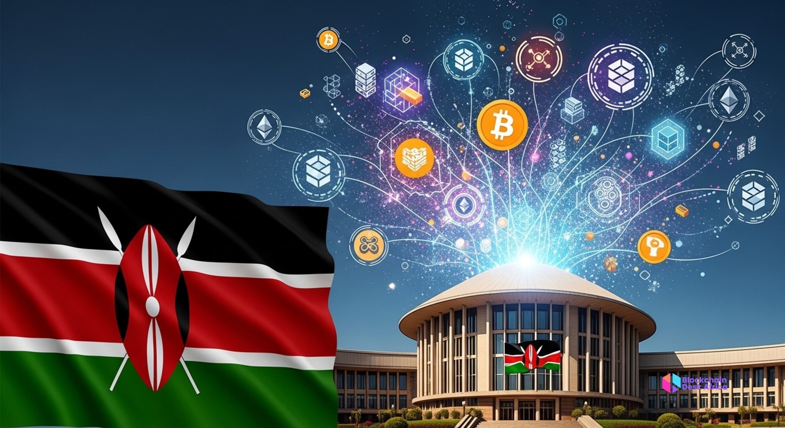 Kenya parliament and cryptocurrency symbols representing the Virtual Assets Service Providers Bill.