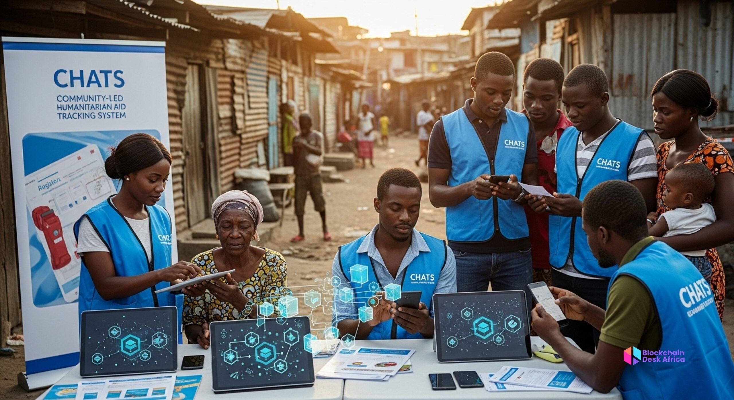 CHATS volunteers distributing aid in Makoko, Lagos with blockchain-powered tracking on digital devices.