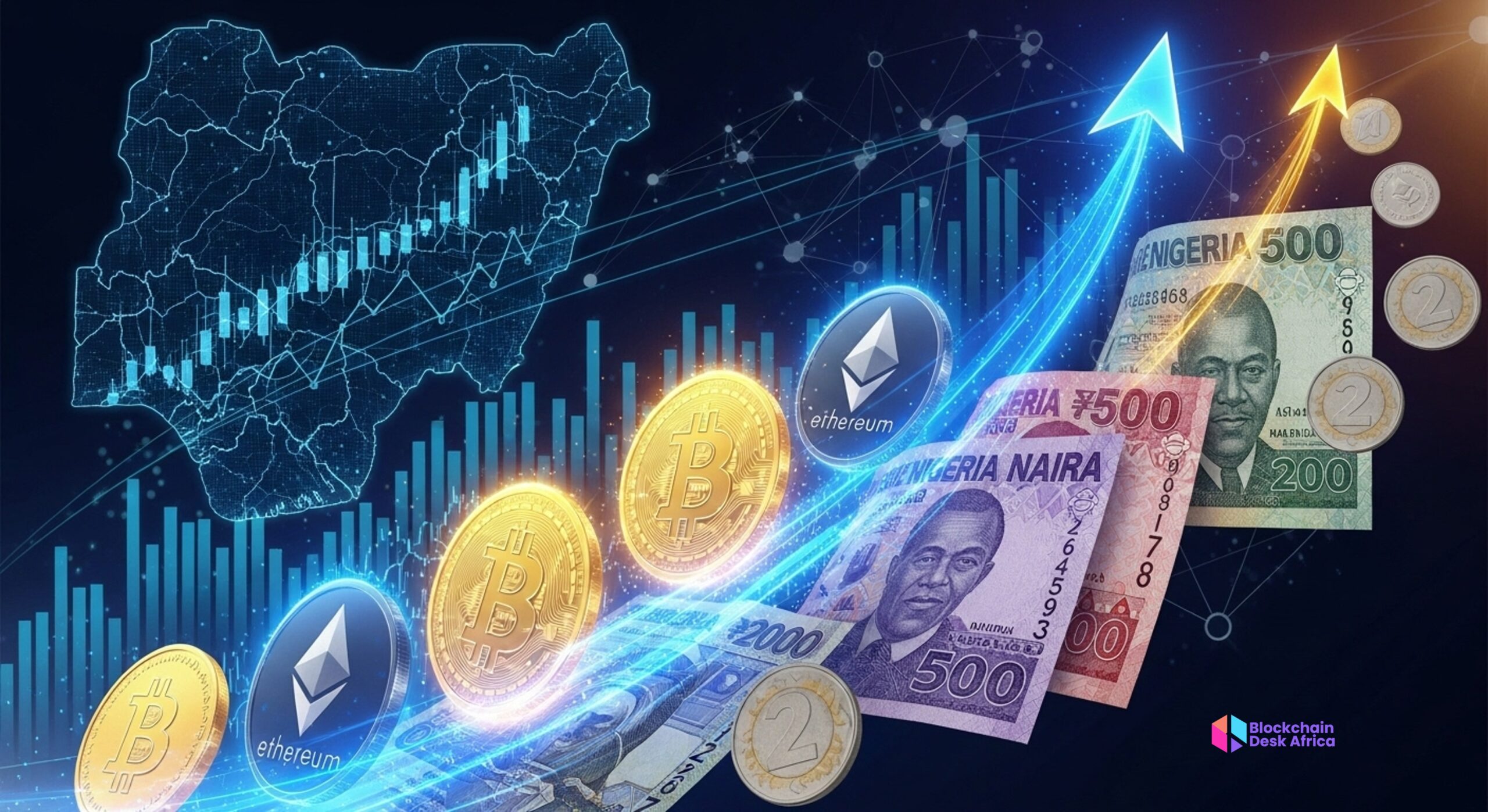 Nigerian trader analyzing cryptocurrency charts with Bitcoin and Naira symbols in the background. 💬 Caption: