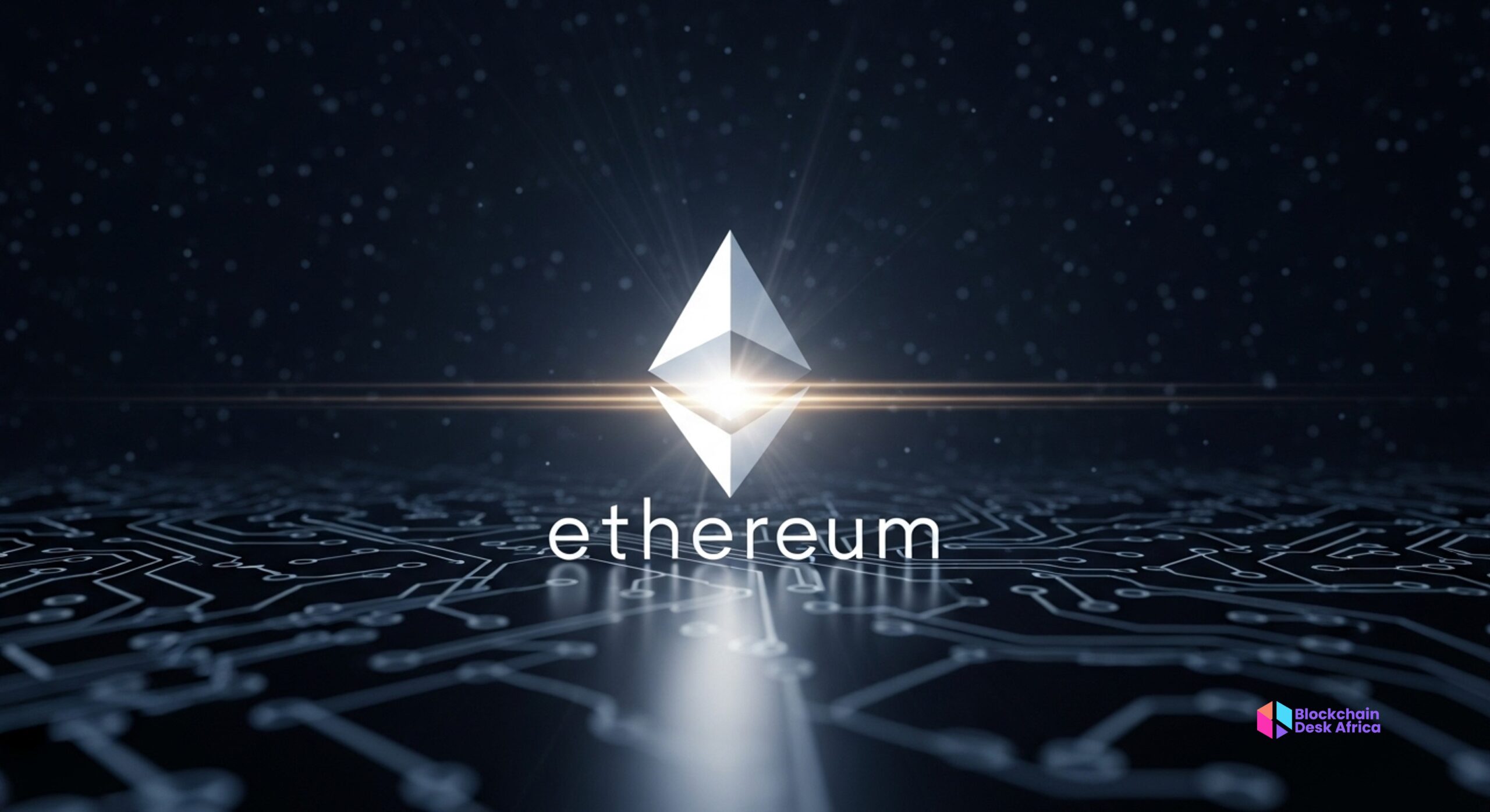 Ethereum logo with blockchain network and downward arrows showing reduced gas fees.