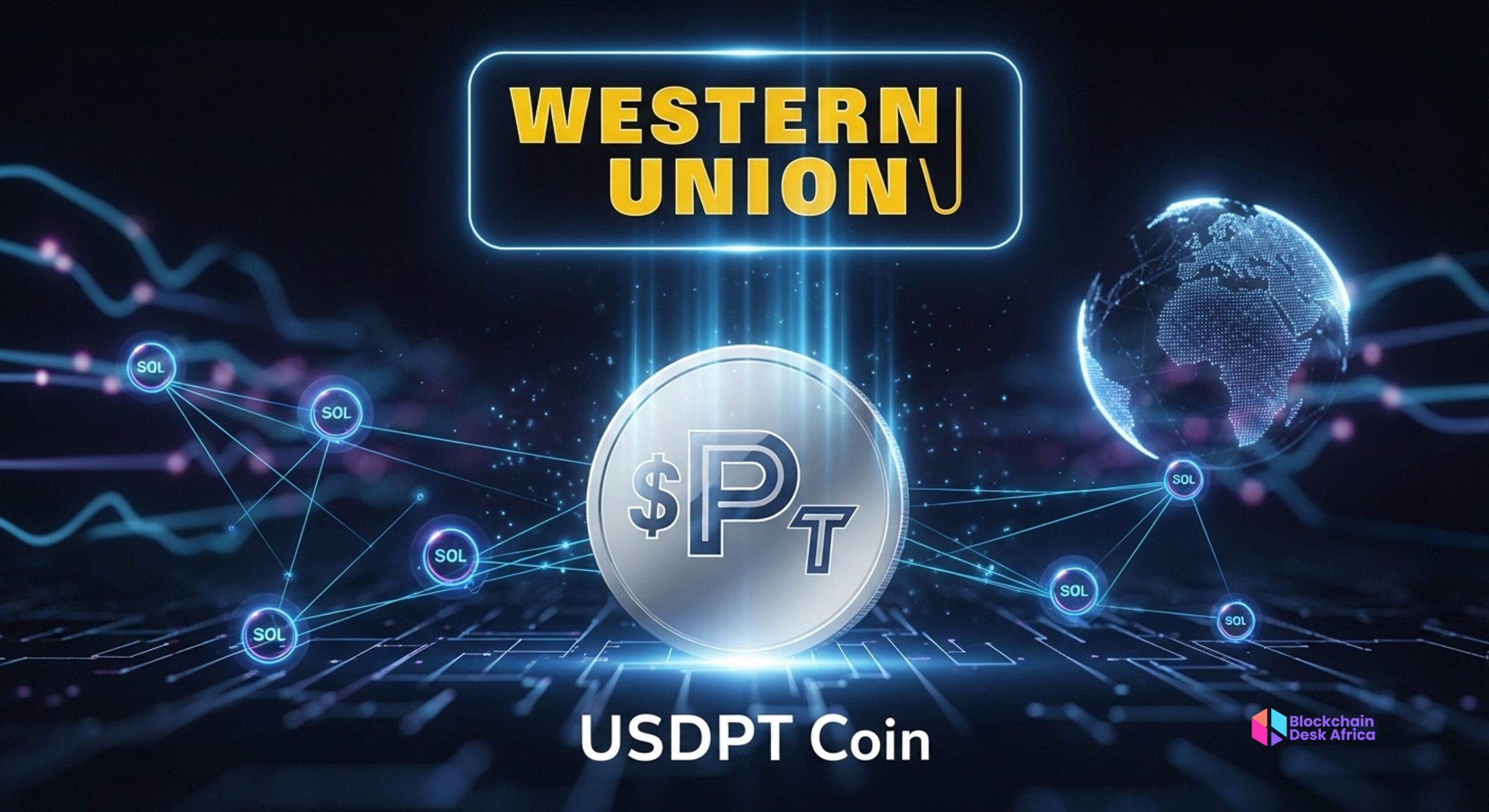 Western Union logo alongside digital USDPT stablecoin graphics on a Solana blockchain background.