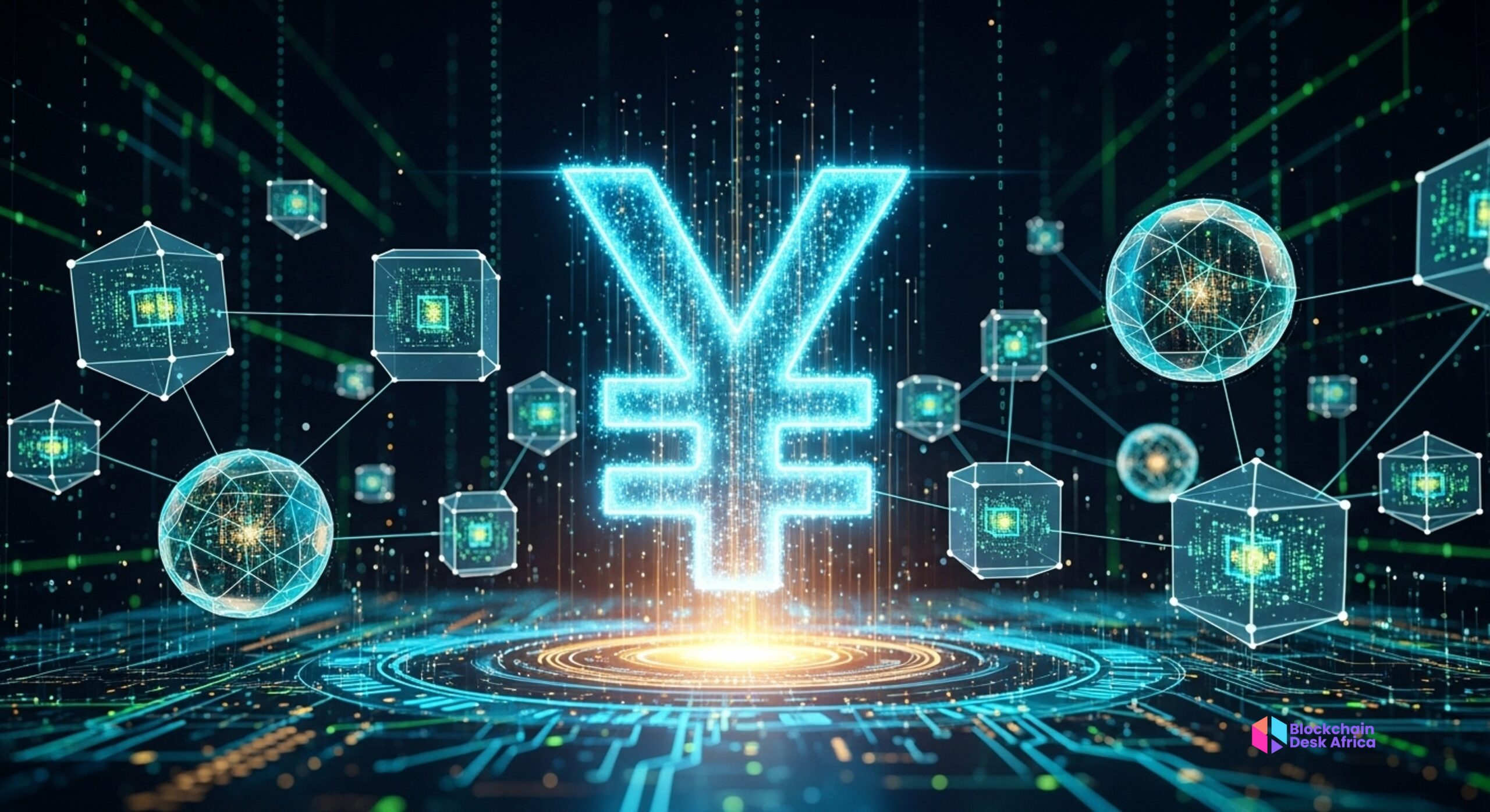 Golden yen coin symbol on a digital blockchain background representing Japan’s new stablecoin.