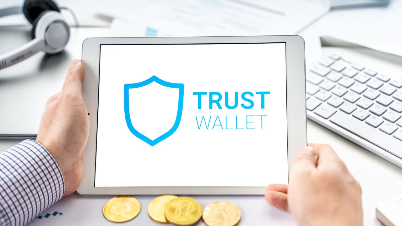 Trust Wallet app interface showcasing the new Perps trading feature on mobile and desktop screens.