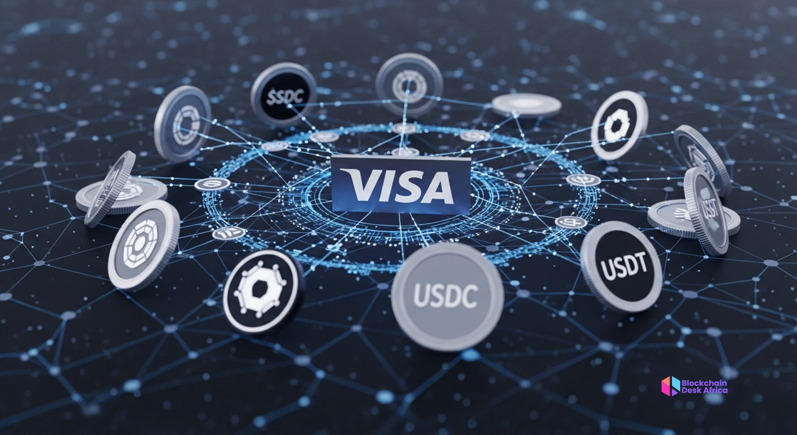 Visa logo with digital stablecoin symbols over blockchain network graphics.