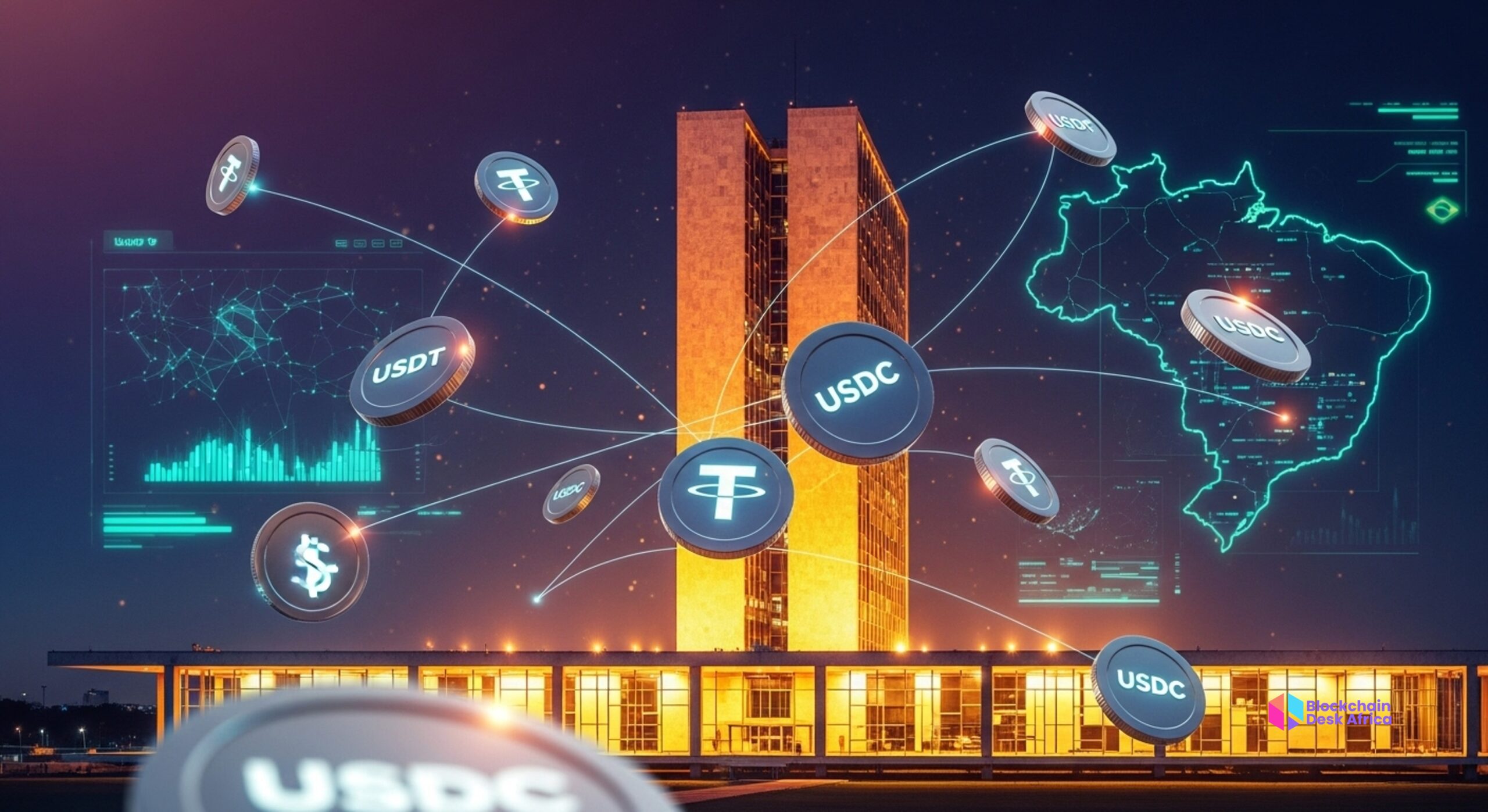 Brazilian Central Bank building with digital currency symbols representing stablecoins
