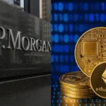 JPMorgan logo with Ethereum blockchain graphics representing on-chain finance expansion
