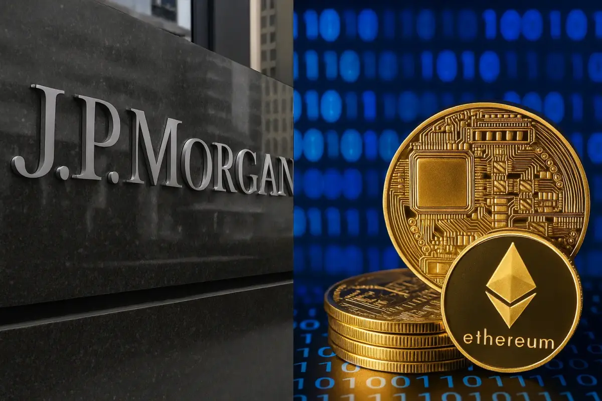 JPMorgan logo with Ethereum blockchain graphics representing on-chain finance expansion