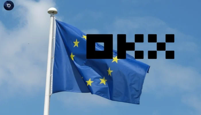 A high-quality digital render of the OKX Card next to a smartphone showing the OKX Pay interface, set against a background featuring the Maltese cross and the European Union flag.