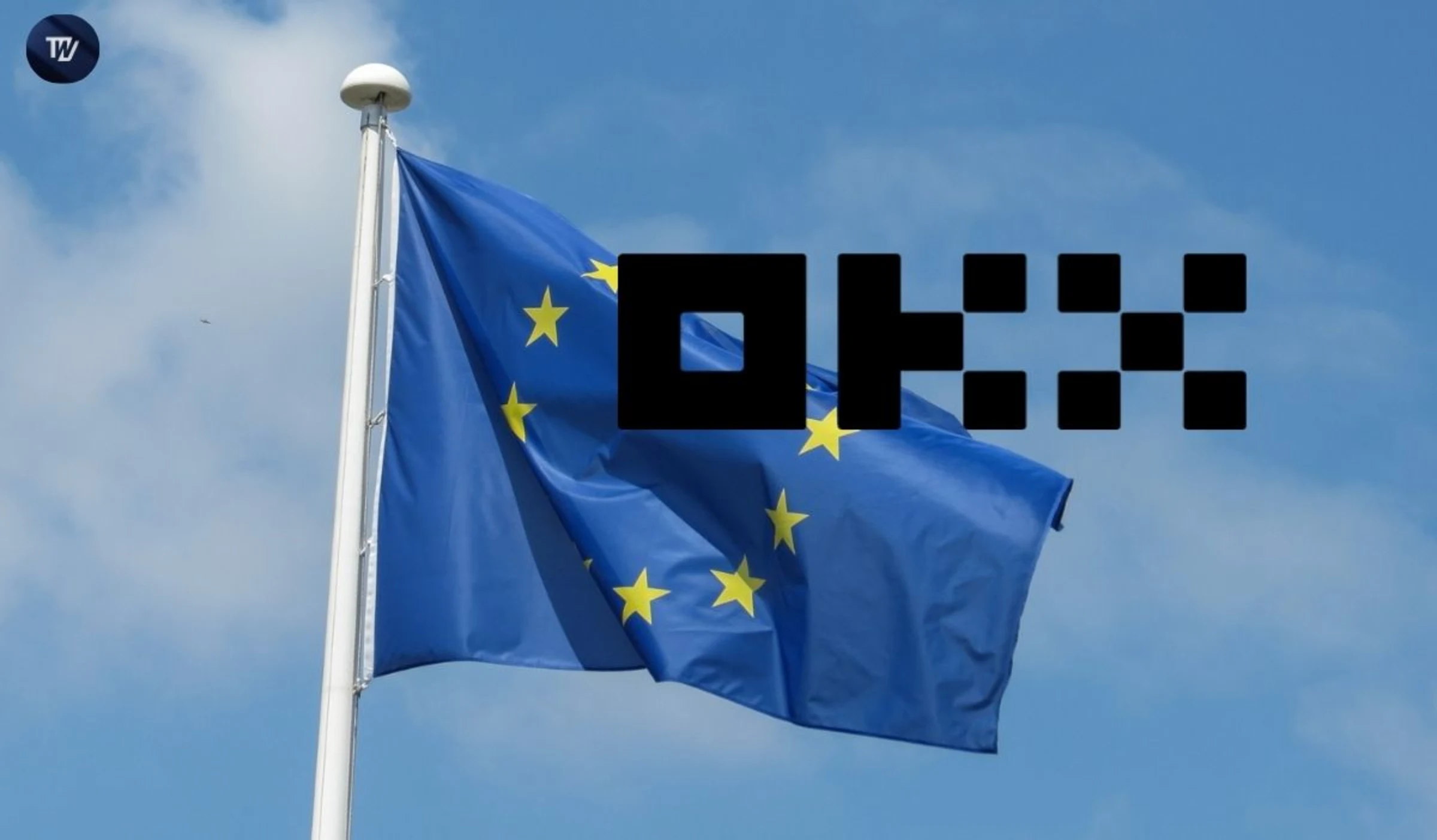 A high-quality digital render of the OKX Card next to a smartphone showing the OKX Pay interface, set against a background featuring the Maltese cross and the European Union flag.