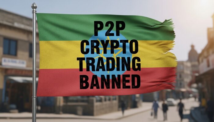 National Bank of Ethiopia building with Ethiopian flag and cryptocurrency symbols representing the P2P trading ban
