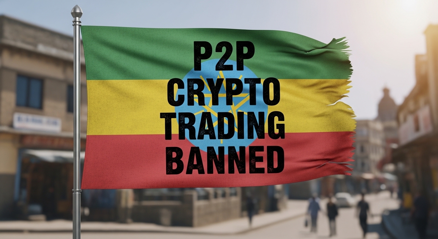 Ethiopia bans P2P National Bank of Ethiopia building with Ethiopian flag and cryptocurrency symbols representing the P2P trading ban