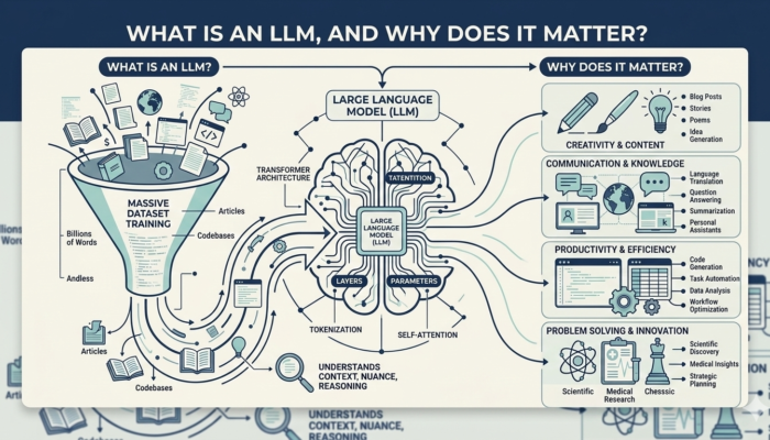 Illustration explaining how a large language model processes text data to generate human-like responses in AI systems.