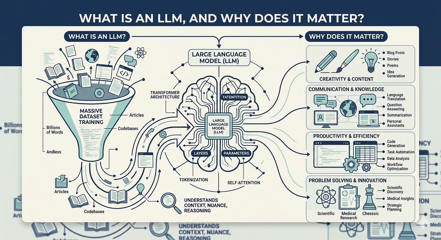 Illustration explaining how a large language model processes text data to generate human-like responses in AI systems.
