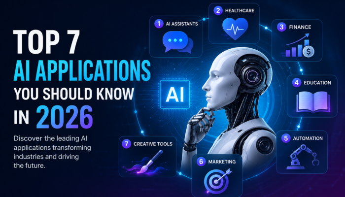 Futuristic illustration showcasing the top AI applications in 2026 including healthcare, finance, automation, education, and AI assistants