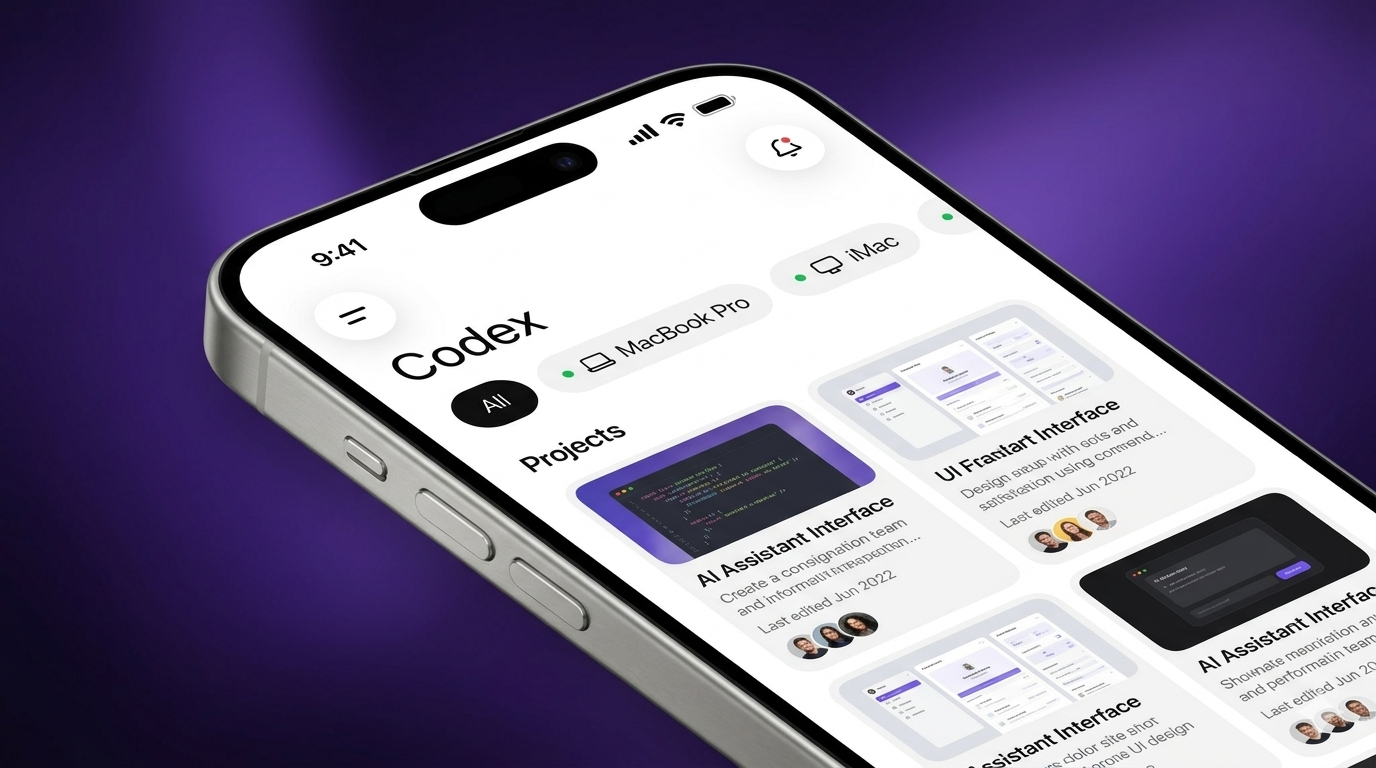 Developer using OpenAI Codex mobile coding assistant on a smartphone while working remotely