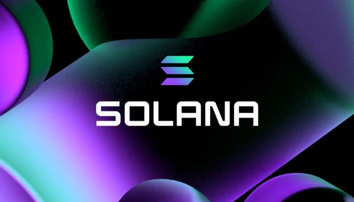 Solana blockchain logo with memecoin graphics and network activity visualization