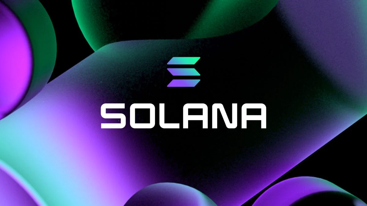 Solana Foundation Solana blockchain logo with memecoin graphics and network activity visualization