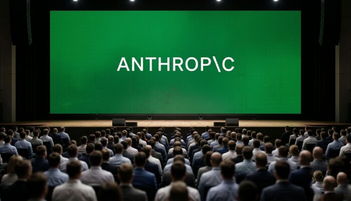 Anthropic CEO speaking at a tech conference discussing AI safety regulations, with visuals of AI systems and IPO market charts in the background.