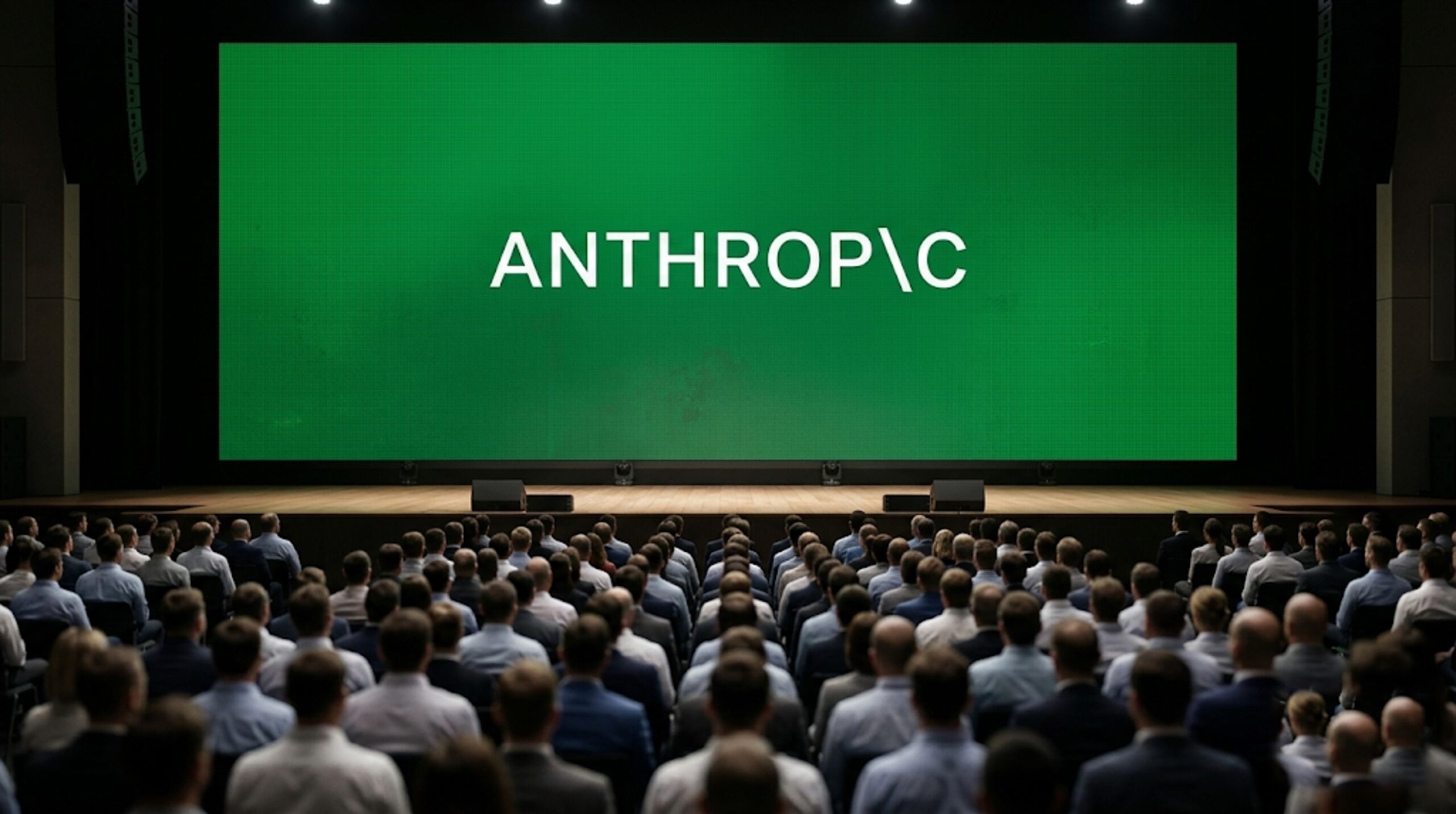 Anthropic CEO speaking at a tech conference discussing AI safety regulations, with visuals of AI systems and IPO market charts in the background.