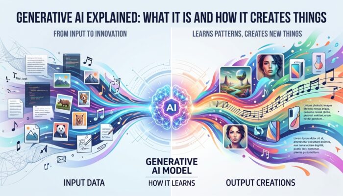 Illustration showing generative AI creating text, images, and digital content