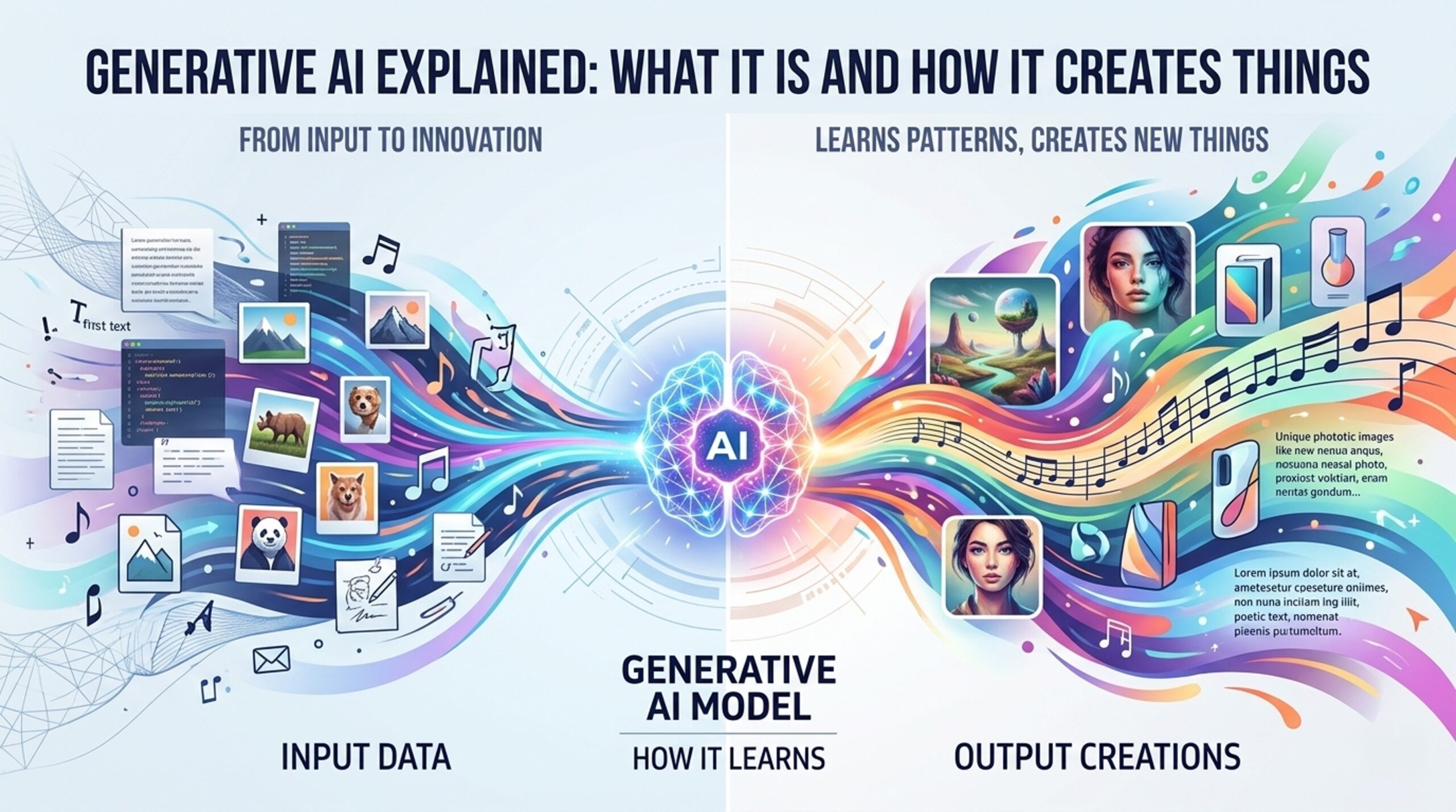 Illustration showing generative AI creating text, images, and digital content