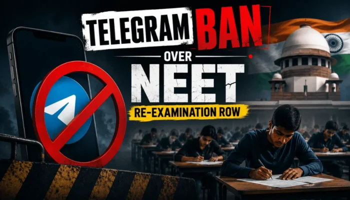 Illustration showing Telegram under legal scrutiny in India following concerns over exam leaks and temporary platform restrictions.