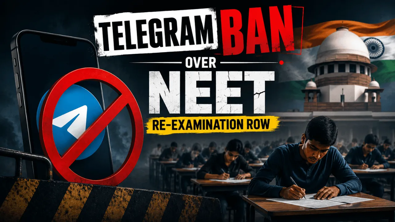 India-bans-Telegram-over-NEET-re-examination-row Illustration showing Telegram under legal scrutiny in India following concerns over exam leaks and temporary platform restrictions.
