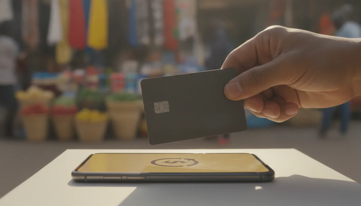 MiniPay Visa debit card with stablecoin and blockchain payment visuals against an African digital commerce backdrop