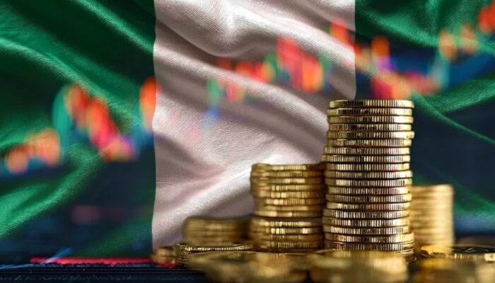 Nigeria’s financial district with cryptocurrency symbols, blockchain network visuals, and regulatory framework elements
