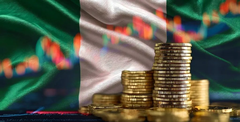 Nigeria’s financial district with cryptocurrency symbols, blockchain network visuals, and regulatory framework elements