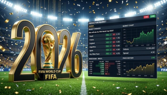 Digital World Cup stadium with blockchain network visuals and prediction market charts showing decentralized sports betting activity