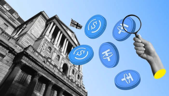 United Kingdom financial district with digital stablecoin and blockchain visuals representing updated crypto regulation