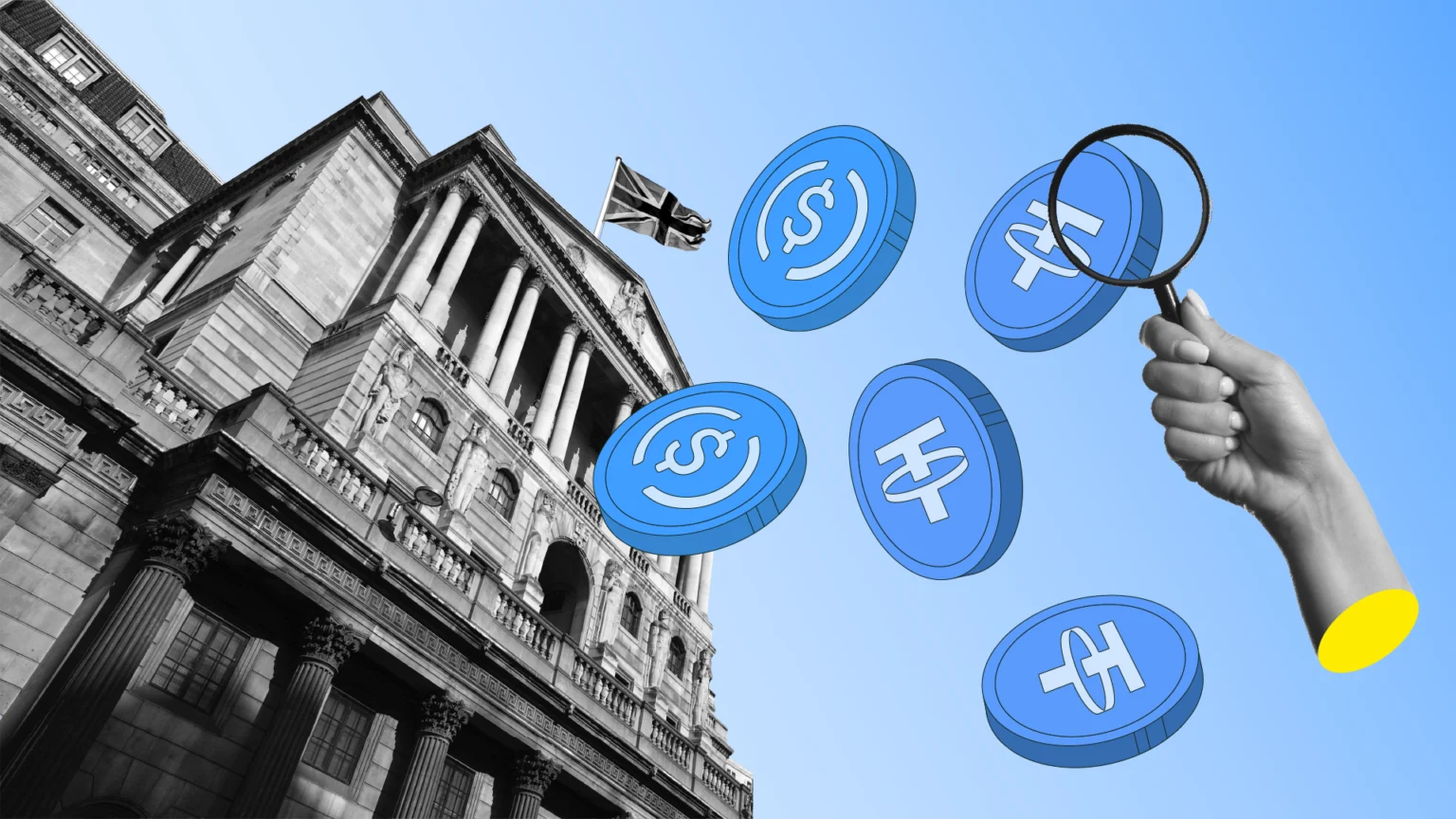 United Kingdom financial district with digital stablecoin and blockchain visuals representing updated crypto regulation