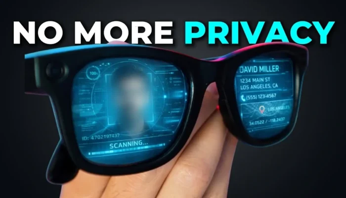 Illustration of Meta smart glasses scanning faces in a public space, highlighting concerns about facial recognition and privacy in wearable AI technology.