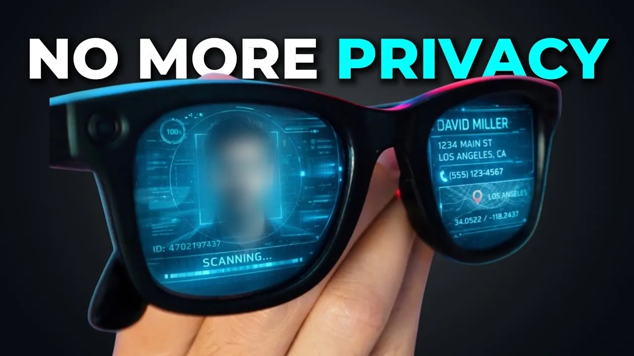 Illustration of Meta smart glasses scanning faces in a public space, highlighting concerns about facial recognition and privacy in wearable AI technology.