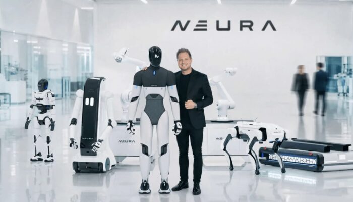 Neura Robotics humanoid robot with AI and automation visuals alongside Tether, Nvidia, and Amazon investment branding