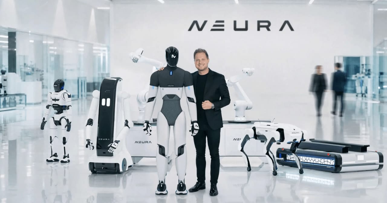 Neura Robotics humanoid robot with AI and automation visuals alongside Tether, Nvidia, and Amazon investment branding