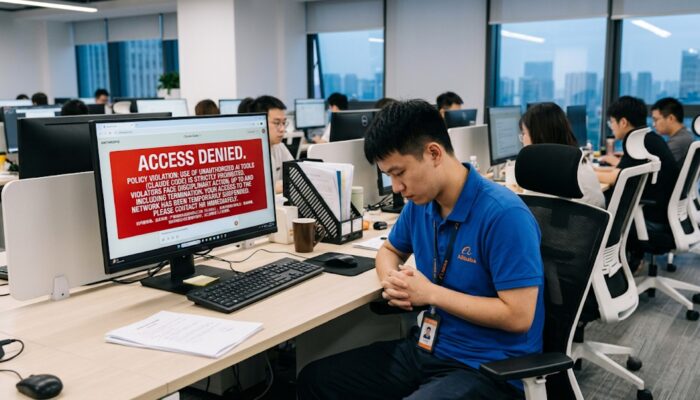 Alibaba office environment with Claude Code interface, AI programming tools, and cybersecurity graphics representing workplace AI restrictions