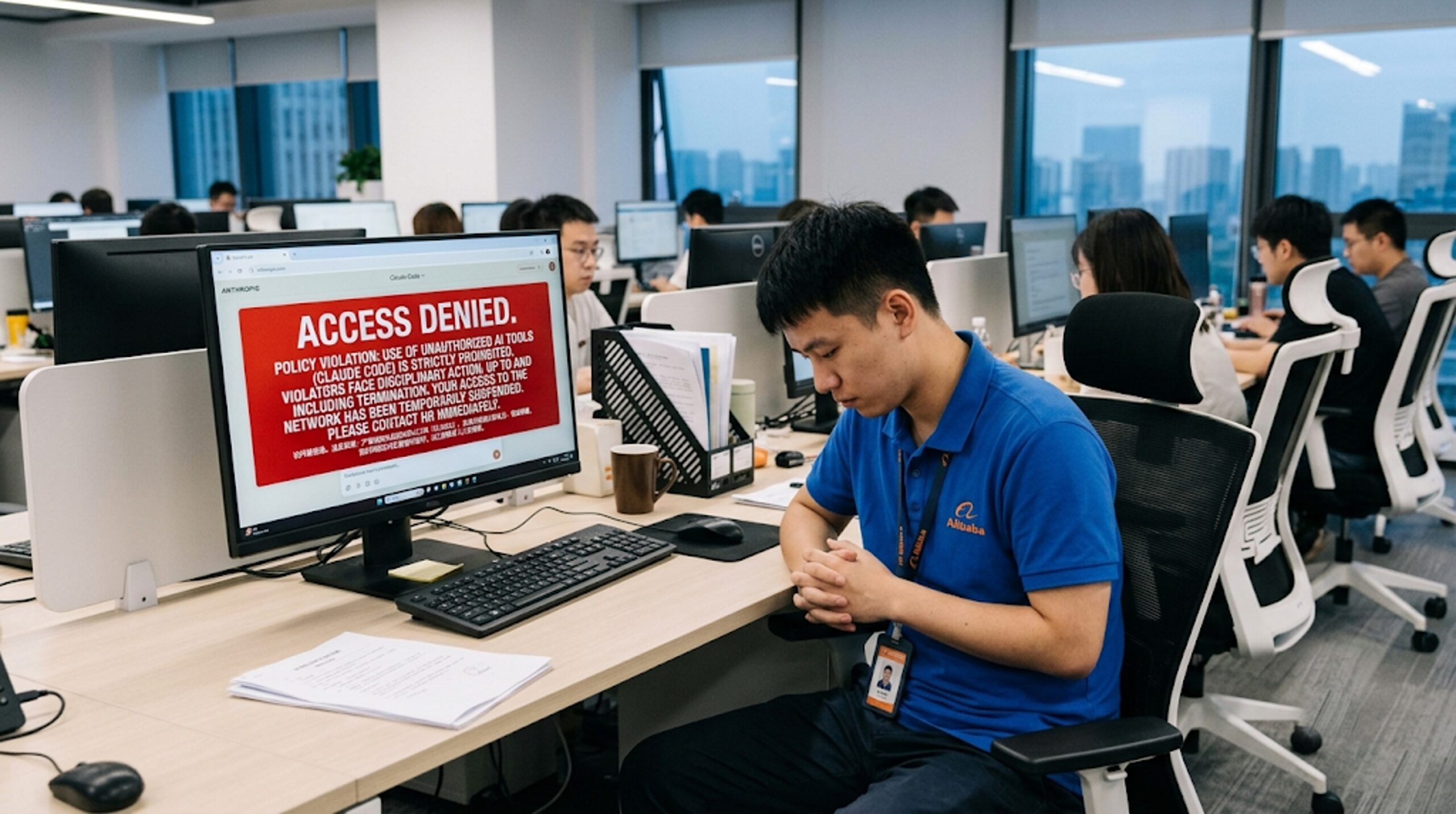 Alibaba bans workers from using claude code Alibaba office environment with Claude Code interface, AI programming tools, and cybersecurity graphics representing workplace AI restrictions