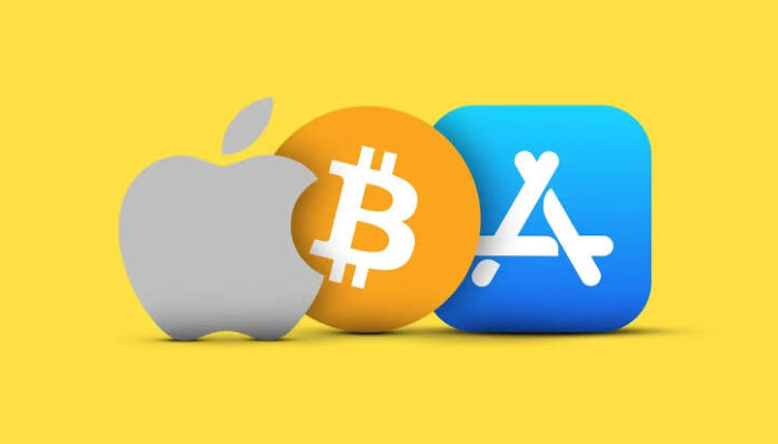 An illustration showing the Apple App Store, a fake cryptocurrency wallet app, Bitcoin symbols, a warning alert, and cybersecurity graphics representing the alleged $1.8 million theft.