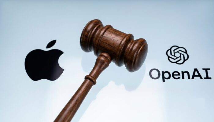 Apple and OpenAI logos facing each other with legal documents, courthouse imagery, AI circuitry, and intellectual property graphics symbolizing the trade secret lawsuit