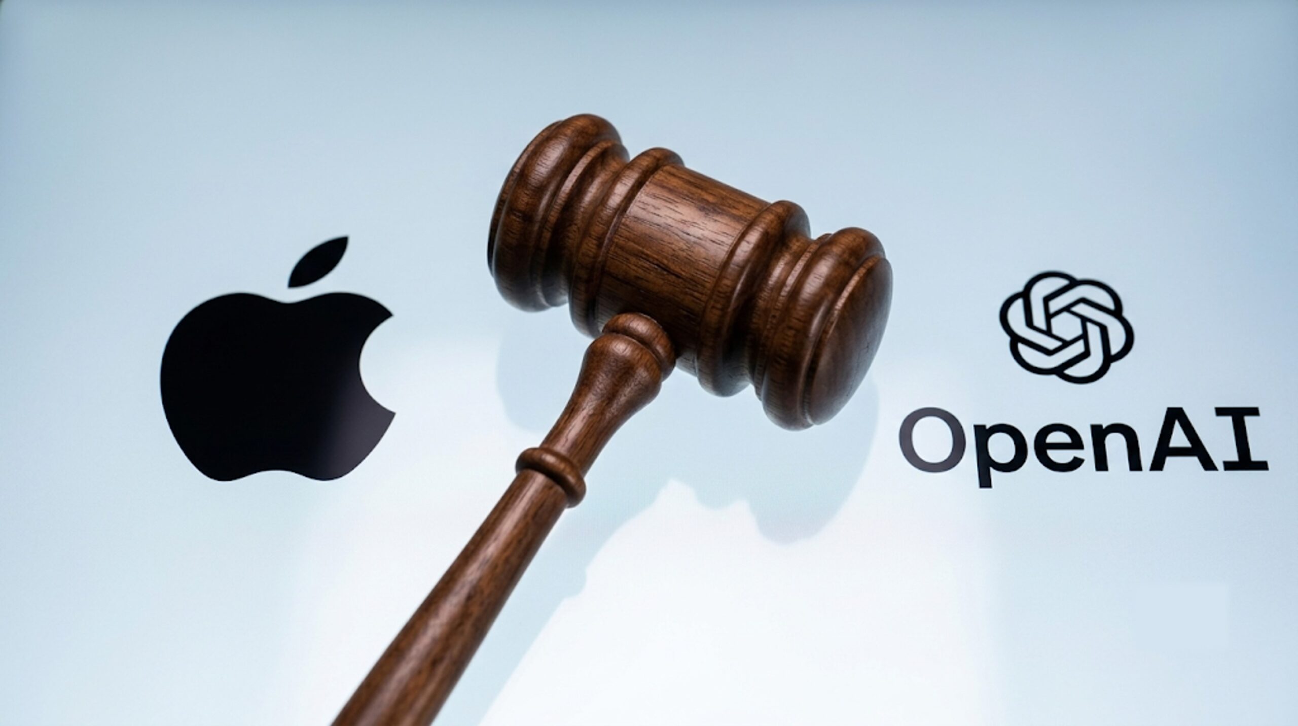 Apple and OpenAI logos facing each other with legal documents, courthouse imagery, AI circuitry, and intellectual property graphics symbolizing the trade secret lawsuit