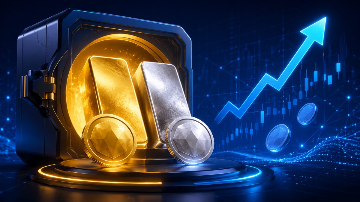 An illustration featuring the Binance logo alongside gold and silver bars, futures trading charts, digital asset symbols, and financial market graphics representing commodity options trading.