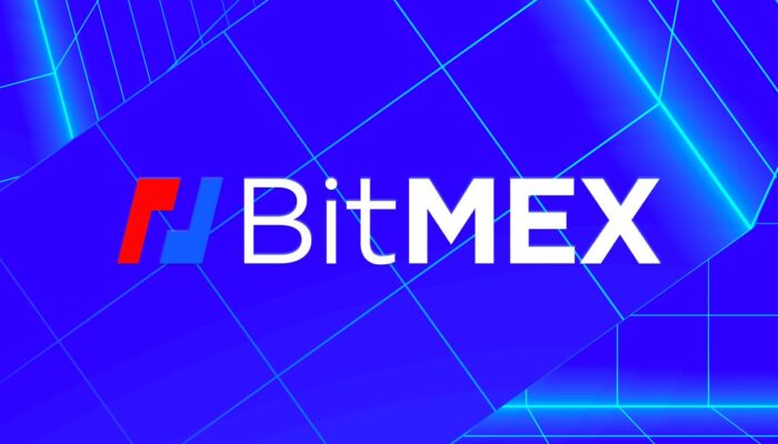 BitMEX branding with executive leadership silhouettes, cryptocurrency trading charts, and corporate restructuring visuals