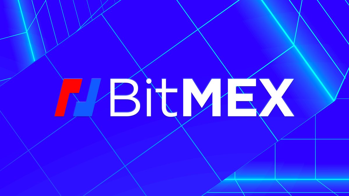 BitMEX branding with executive leadership silhouettes, cryptocurrency trading charts, and corporate restructuring visuals