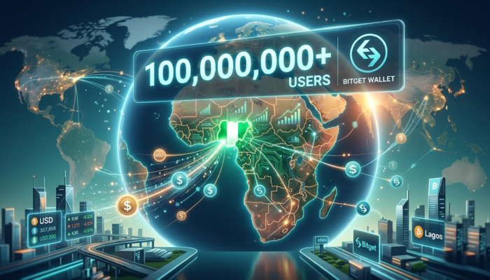 An illustration featuring the Bitget Wallet logo, stablecoin icons, a map of Africa highlighting Nigeria, digital payment graphics, and blockchain network connections representing the growth of stablecoin adoption.