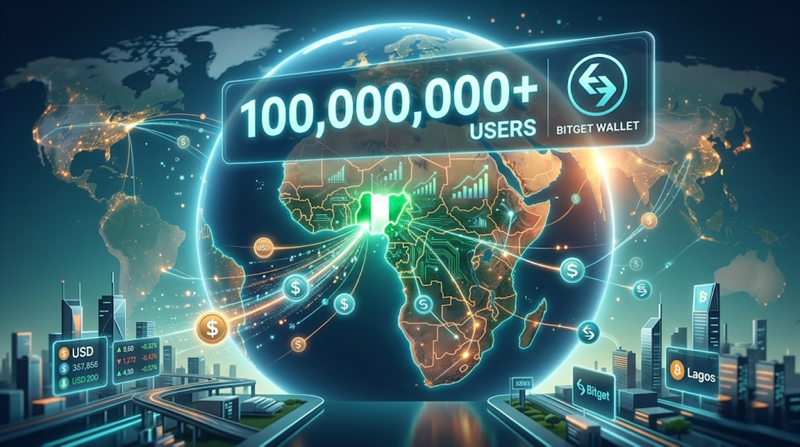 An illustration featuring the Bitget Wallet logo, stablecoin icons, a map of Africa highlighting Nigeria, digital payment graphics, and blockchain network connections representing the growth of stablecoin adoption.