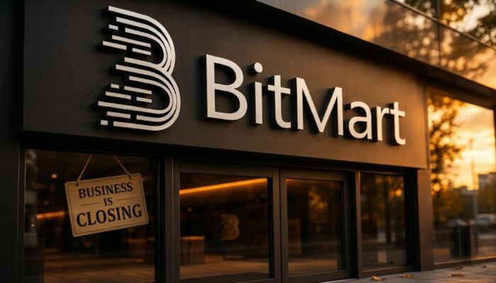 An illustration featuring the BitMart logo with a shutdown notice, cryptocurrency trading charts fading into the background, and blockchain network graphics representing the exchange's closure.