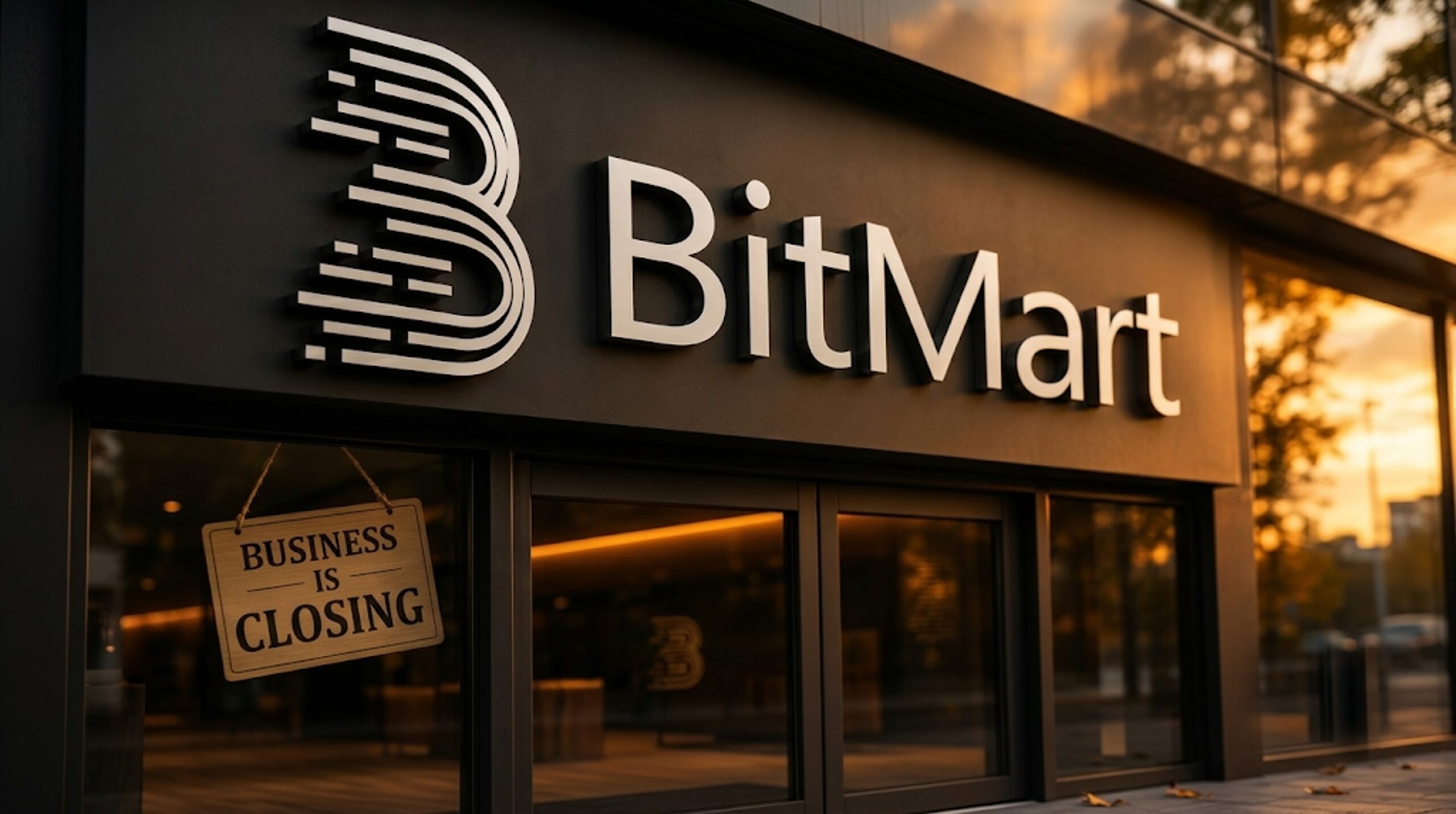 An illustration featuring the BitMart logo with a shutdown notice, cryptocurrency trading charts fading into the background, and blockchain network graphics representing the exchange's closure.