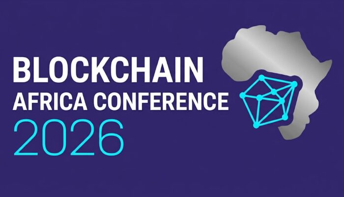 A conference stage featuring blockchain-themed visuals, African landmarks, and attendees networking beneath a banner for Blockchain Africa Conference 2026.